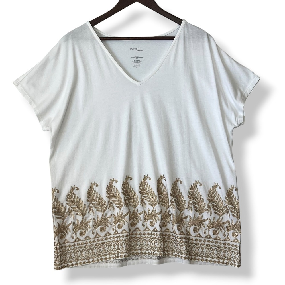Pure J. Jill Metallic‎ Embroidered Top XL White Gold Boho T-Shirt Boho Soft Chic